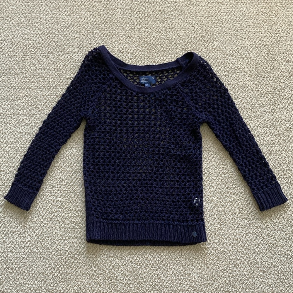 NEW American Eagle Sweater Navy Blue Fishnet Knit Size XS Cotton Blend NWOT